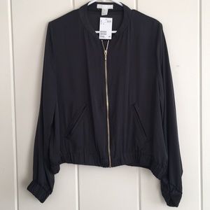 Charcoal Satin Zip Up Bomber Jacket